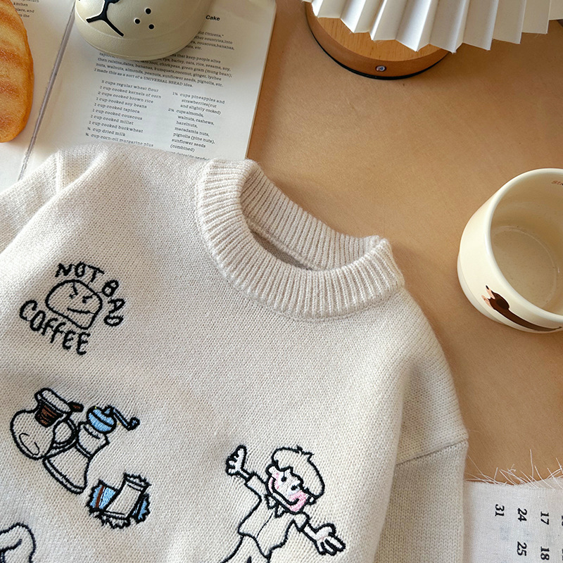 Pulover pentru copii cu motiv brodat de desene animate, guler rotund, mâneci lungi, din amestec acrilic, textură moale, stil coreean, iarna 2025