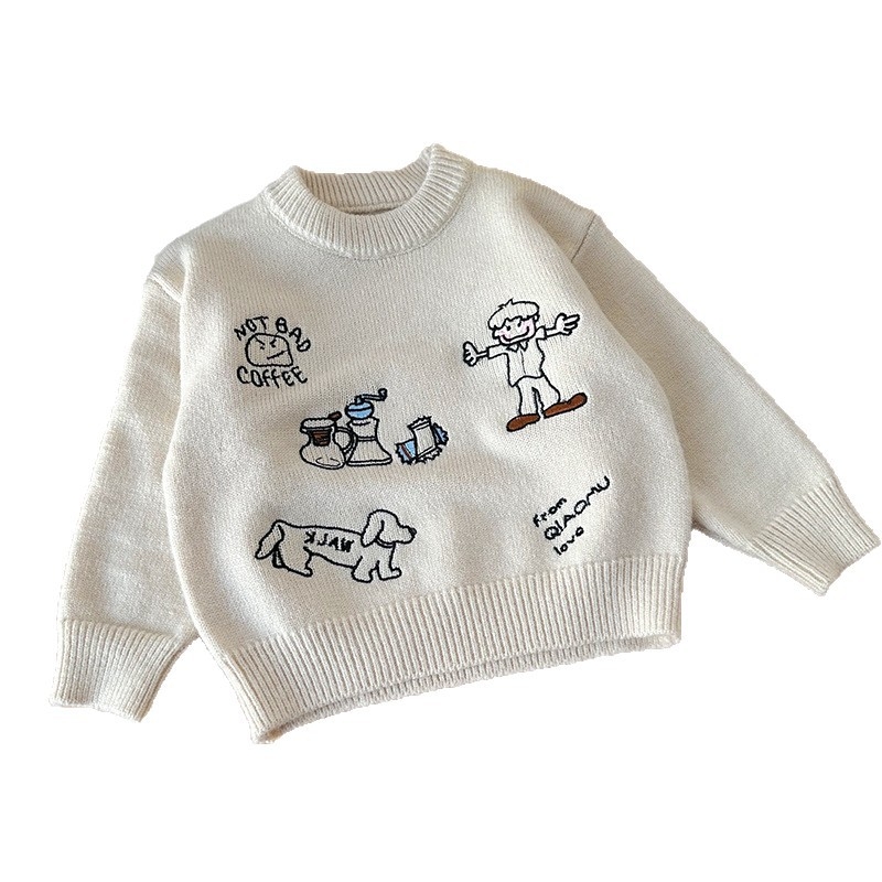 Pulover pentru copii cu motiv brodat de desene animate, guler rotund, mâneci lungi, din amestec acrilic, textură moale, stil coreean, iarna 2025
