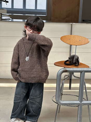 Pulover tricotat pentru copii, stil coreean, gros, cu atingere moale și spălare enzimatică, țesătură poliester cu 15% acrilic, pentru iarnă și toamnă