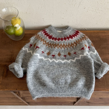 Fair Isle gyermek jacquard pulóver, kerek nyak, hosszú ujj, rombusz minta, poliészter 70–80%