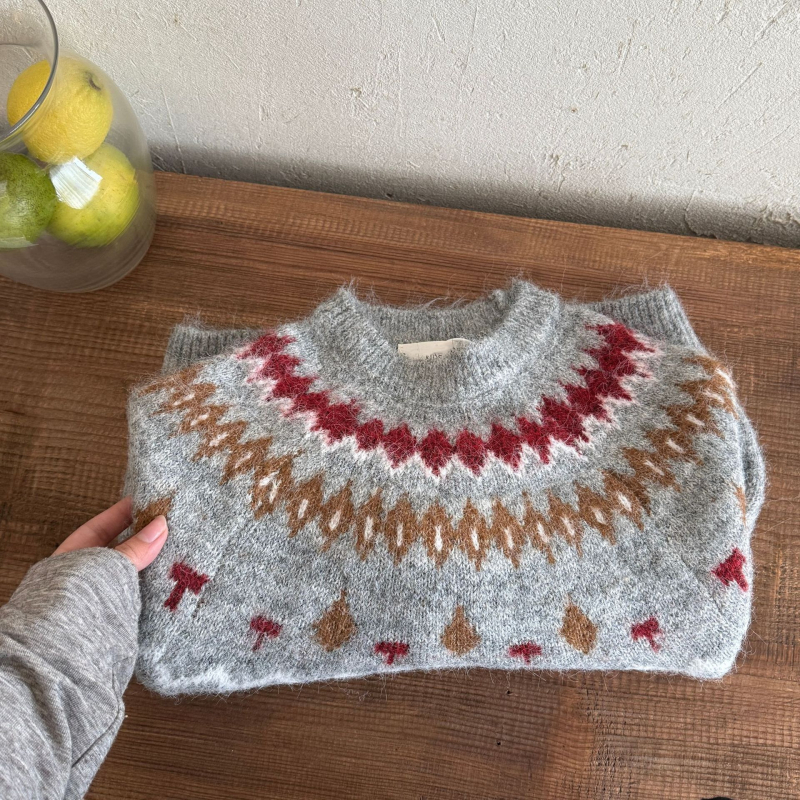 Fair Isle gyermek jacquard pulóver, kerek nyak, hosszú ujj, rombusz minta, poliészter 70–80%