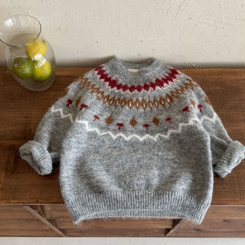 Fair Isle gyermek jacquard pulóver, kerek nyak, hosszú ujj, rombusz minta, poliészter 70–80%