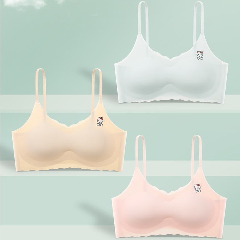 Детски потник за гръд безшевен, Ice Silk Nylon, пълни чашки с тънки формовани чашки, сладък стил за момичета 7–12 г., лято 2024