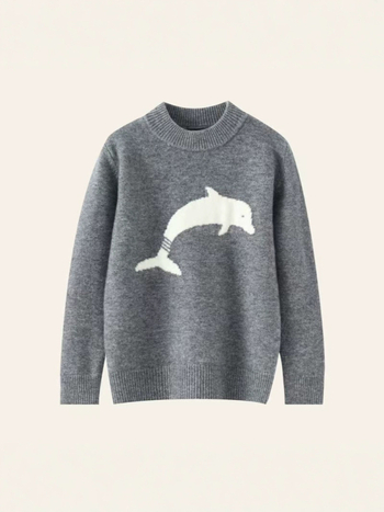 Pulover pentru copii din lână 100%, jacquard cu delfin, guler semi-turtleneck, pentru copii între 3 și 8 ani