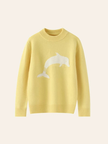 Pulover pentru copii din lână 100%, jacquard cu delfin, guler semi-turtleneck, pentru copii între 3 și 8 ani