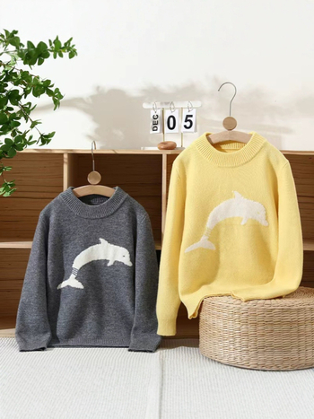 Pulover pentru copii din lână 100%, jacquard cu delfin, guler semi-turtleneck, pentru copii între 3 și 8 ani