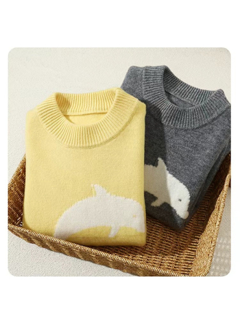 Pulover pentru copii din lână 100%, jacquard cu delfin, guler semi-turtleneck, pentru copii între 3 și 8 ani