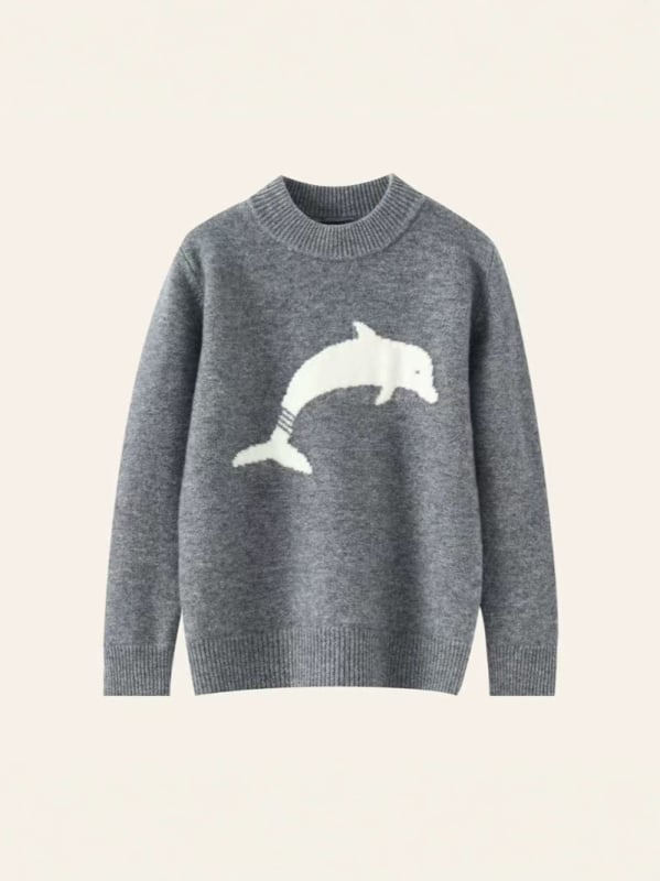Pulover pentru copii din lână 100%, jacquard cu delfin, guler semi-turtleneck, pentru copii între 3 și 8 ani