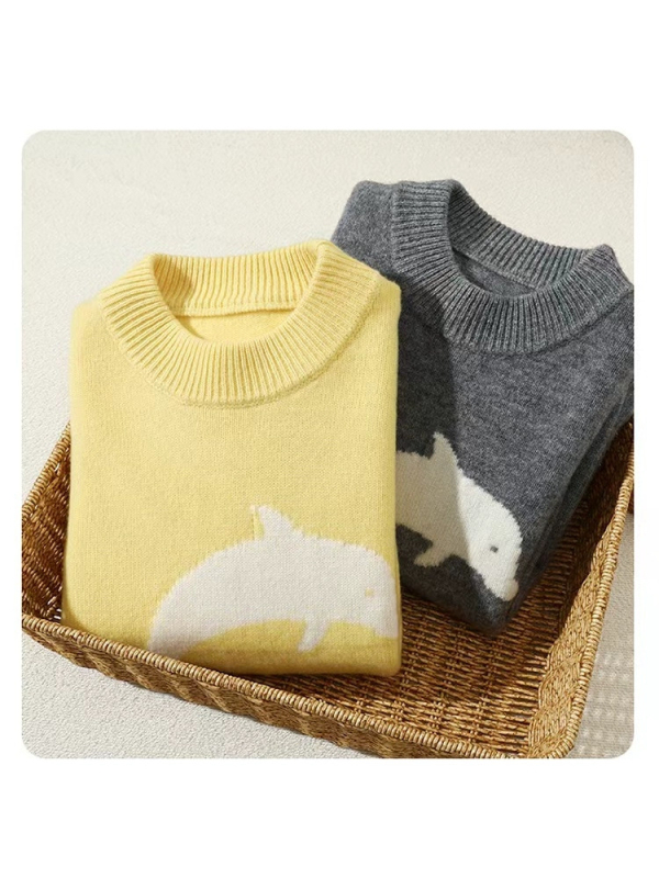 Pulover pentru copii din lână 100%, jacquard cu delfin, guler semi-turtleneck, pentru copii între 3 și 8 ani