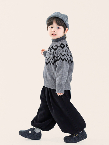 Gyermekeknek készült pulóver diamantszövet mintával, kerek nyakú, koreai stílus, akril-nylon-poliészter keverék anyag (49% akril, 21% nylon, 30% poliészter), hosszú ujjú, 3–8 éveseknek, téli szezon