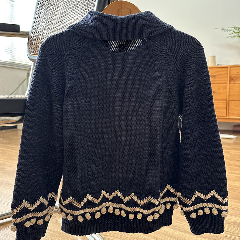 Cardigan tricotat pentru copii, în dungi, 100% bumbac, mâneci lungi, închidere cu nasture simplu, rever, tricot gros