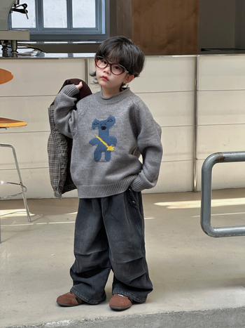 Pulover pentru copii, stil coreean, jacquard cu desene animate, unisex, mâneci lungi, guler rotund, tricot gros acrilic