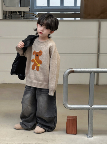 Pulover pentru copii, stil coreean, jacquard cu desene animate, unisex, mâneci lungi, guler rotund, tricot gros acrilic