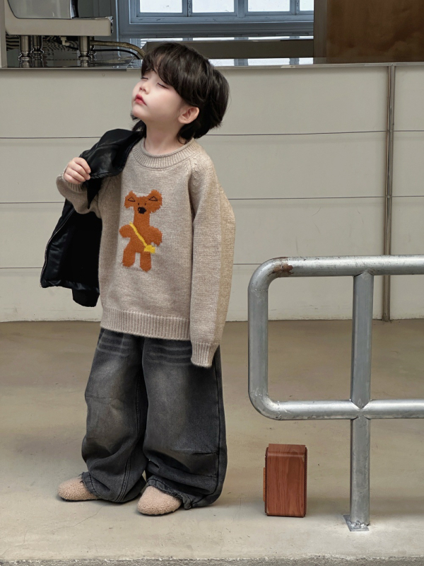 Pulover pentru copii, stil coreean, jacquard cu desene animate, unisex, mâneci lungi, guler rotund, tricot gros acrilic