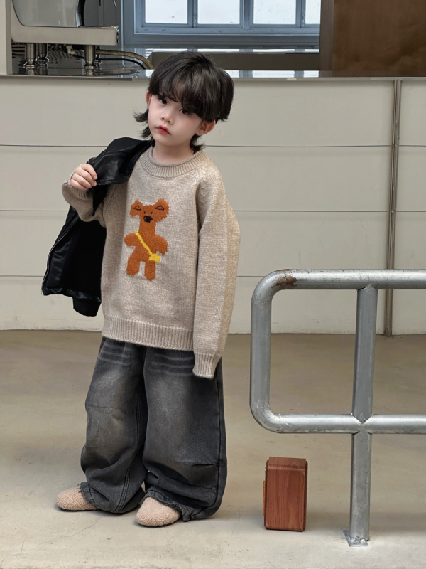 Pulover pentru copii, stil coreean, jacquard cu desene animate, unisex, mâneci lungi, guler rotund, tricot gros acrilic