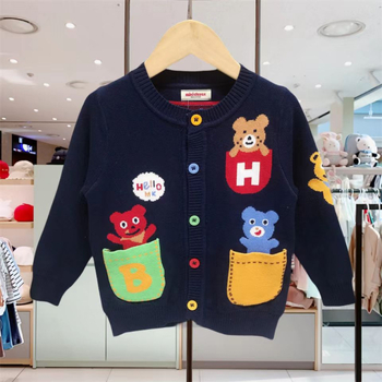 Djeca pleteni kardigan - unisex, dugi rukavi, kopčanje na jedan red gumba; glavna tkanina pamuk 93% pamuk; uzorak životinje/crtani; za dob 1–3 godine; pogodna za jesen, zimu i proljeće
