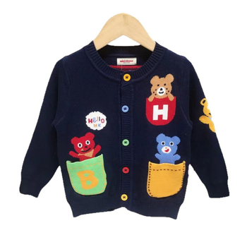 Djeca pleteni kardigan - unisex, dugi rukavi, kopčanje na jedan red gumba; glavna tkanina pamuk 93% pamuk; uzorak životinje/crtani; za dob 1–3 godine; pogodna za jesen, zimu i proljeće