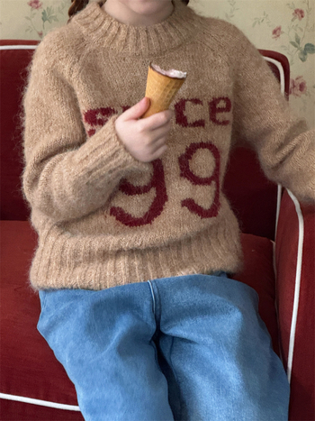 Pulover pentru copii din amestec de mohair, imprimeu cu litere, guler rotund, mâneci lungi