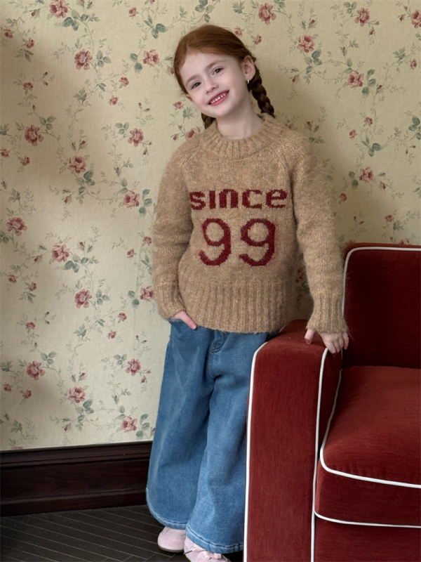 Pulover pentru copii din amestec de mohair, imprimeu cu litere, guler rotund, mâneci lungi