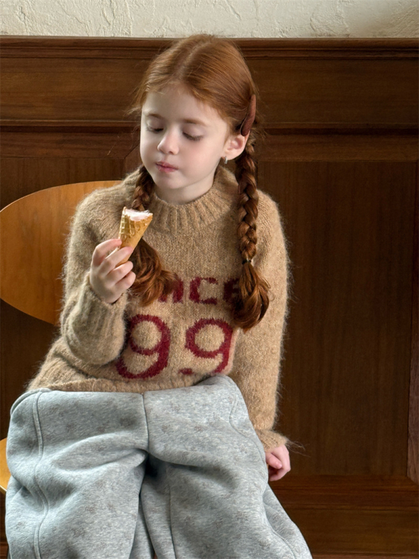 Pulover pentru copii din amestec de mohair, imprimeu cu litere, guler rotund, mâneci lungi