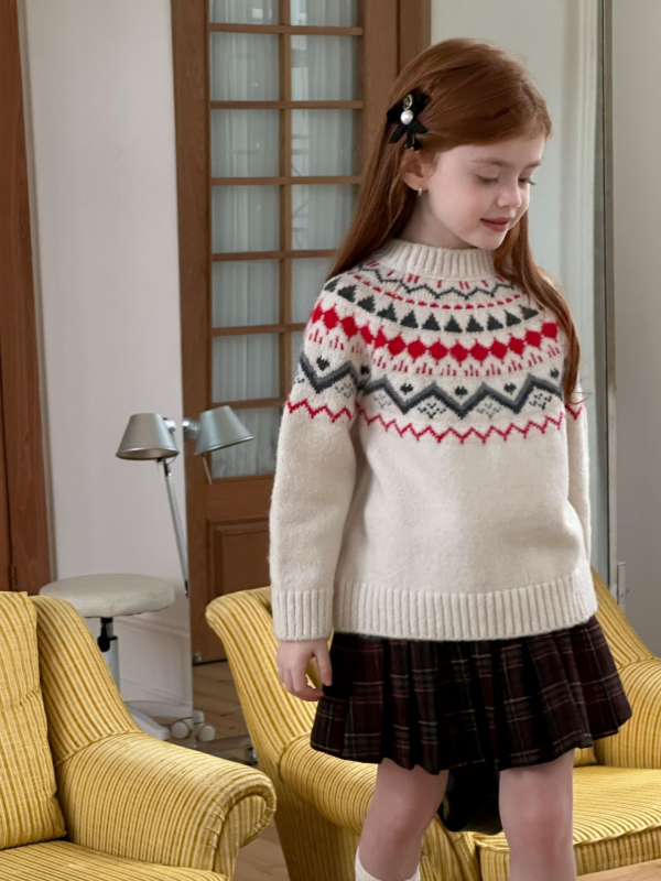 Pulover tricotat pentru fete, jacquard gros, iarnă 2025, guler rotund, mâneci lungi, pentru 3-8 ani.