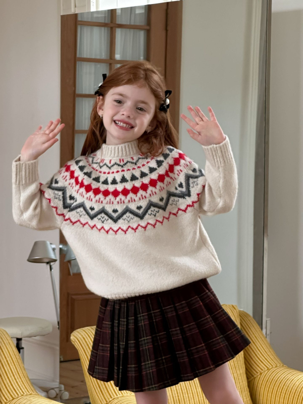 Pulover tricotat pentru fete, jacquard gros, iarnă 2025, guler rotund, mâneci lungi, pentru 3-8 ani.