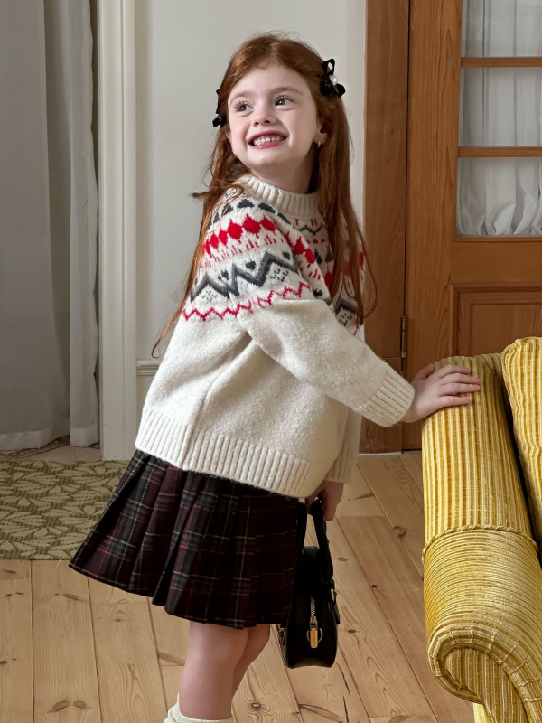 Pulover tricotat pentru fete, jacquard gros, iarnă 2025, guler rotund, mâneci lungi, pentru 3-8 ani.