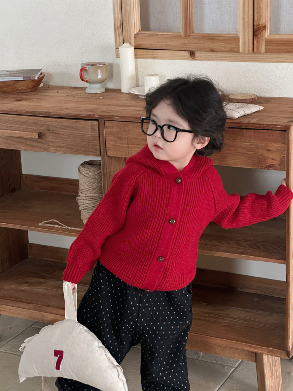 Cardigan tricotat pentru copii, cu glugă, stil coreean, acrilic, mâneci lungi, decolteu în V, închidere cu nasturi într-un rând