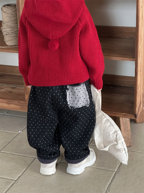 Cardigan tricotat pentru copii, cu glugă, stil coreean, acrilic, mâneci lungi, decolteu în V, închidere cu nasturi într-un rând