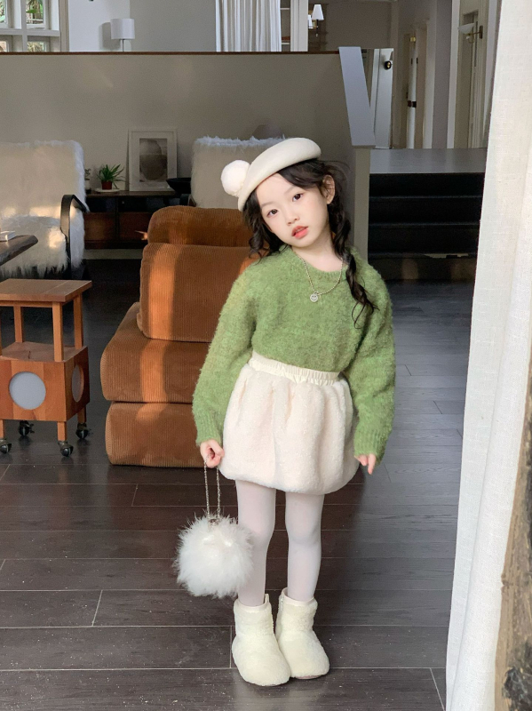 Dievčenský sveter v kórejskom štýle so slučkovou priadzou, dlhé rukávy, okrúhly výstrih, fleece pletenina, 55% polyester