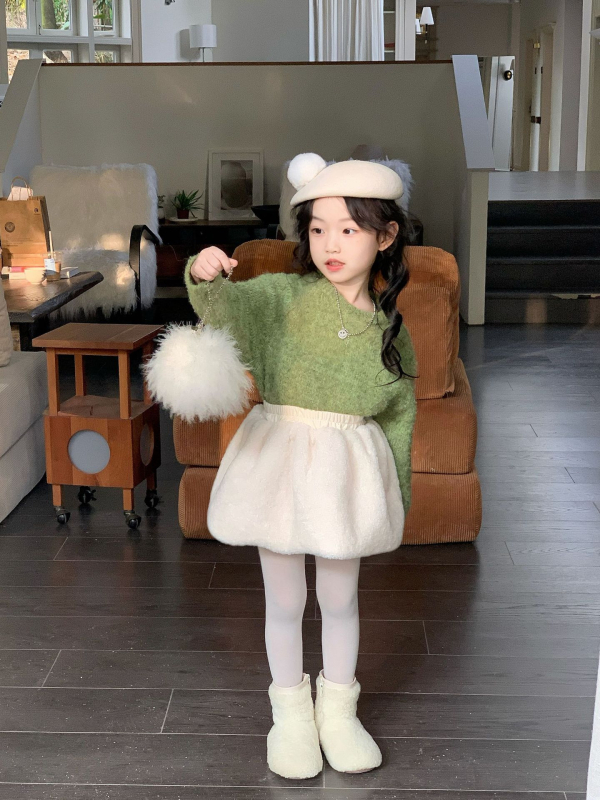 Dievčenský sveter v kórejskom štýle so slučkovou priadzou, dlhé rukávy, okrúhly výstrih, fleece pletenina, 55% polyester