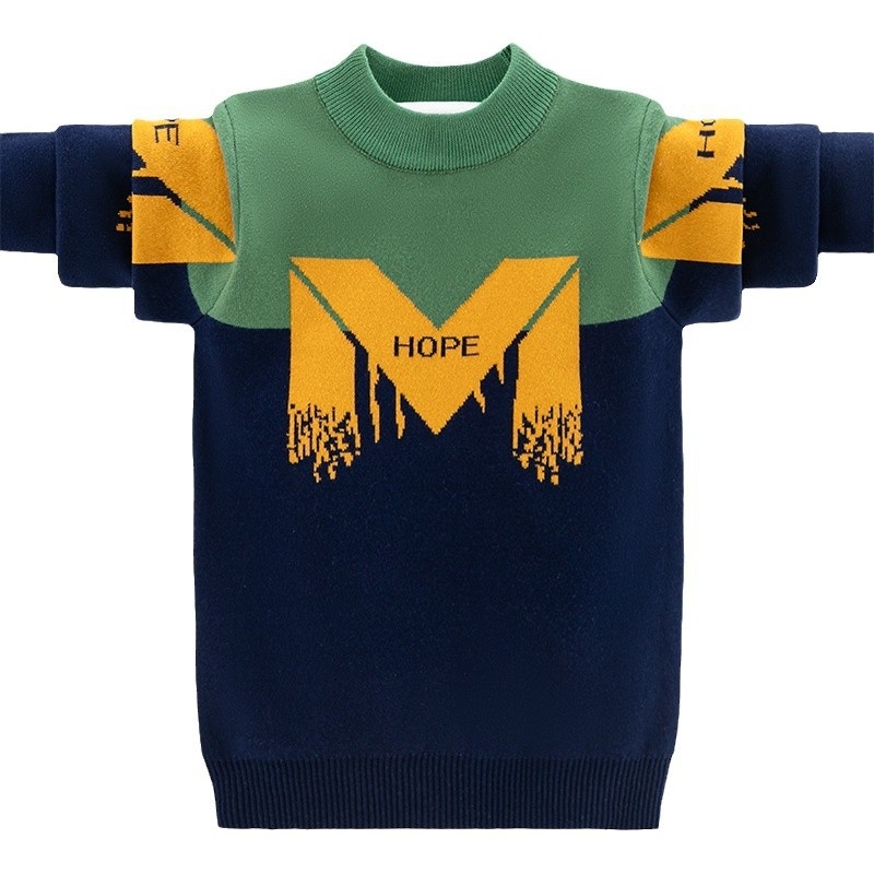 Pulover tricotat pentru copii - gros, stil coreean, cu model litere, amestec bumbac-poliester, pentru vârsta 3-8 ani