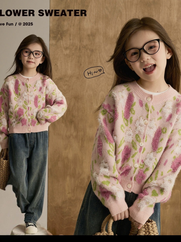 Cardigan tricotat pentru fete, stil coreean, model floral în contrast, croială scurtă, mâneci lungi, fără glugă, închidere frontală cu un nasture, poliester amestec