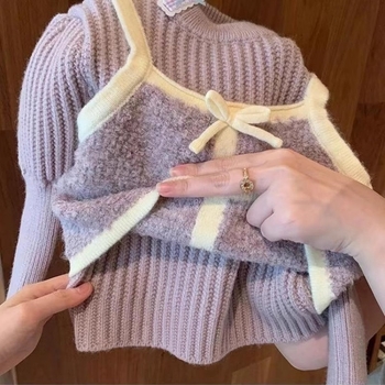 Gyerekeknek szóló koreai stílusú kötött pulóver hamis két darab hatással, tél 2024, lágy tapintású akril kötött anyag, 3-8 éveseknek (100-140 cm)