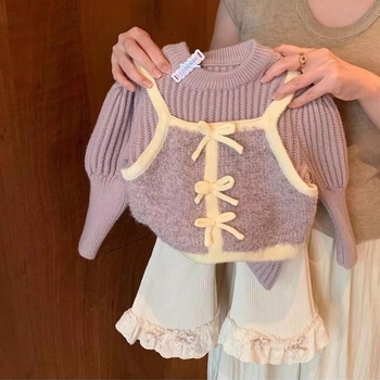 Gyerekeknek szóló koreai stílusú kötött pulóver hamis két darab hatással, tél 2024, lágy tapintású akril kötött anyag, 3-8 éveseknek (100-140 cm)