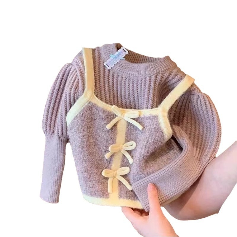 Gyerekeknek szóló koreai stílusú kötött pulóver hamis két darab hatással, tél 2024, lágy tapintású akril kötött anyag, 3-8 éveseknek (100-140 cm)