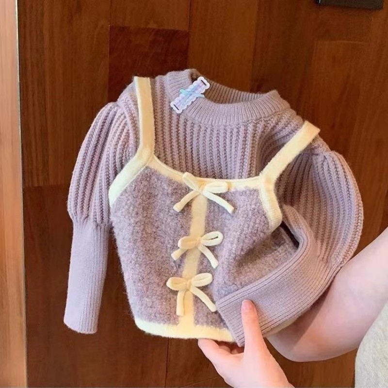 Gyerekeknek szóló koreai stílusú kötött pulóver hamis két darab hatással, tél 2024, lágy tapintású akril kötött anyag, 3-8 éveseknek (100-140 cm)