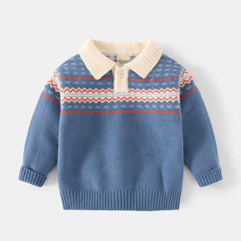  Gyerekeknek készült galléros polo nyakú pulóver, hosszú ujjú, absztrakt mintázatú, akril-keverék kötött anyag, selymesen lágy felület