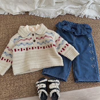 Gyerekeknek készült koreai stílusú jacquard mintázatú galléros pulóver, vast téli kötés, 1–3 éveseknek