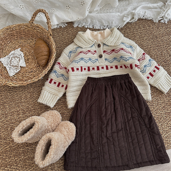 Gyerekeknek készült koreai stílusú jacquard mintázatú galléros pulóver, vast téli kötés, 1–3 éveseknek