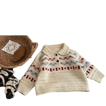 Gyerekeknek készült koreai stílusú jacquard mintázatú galléros pulóver, vast téli kötés, 1–3 éveseknek