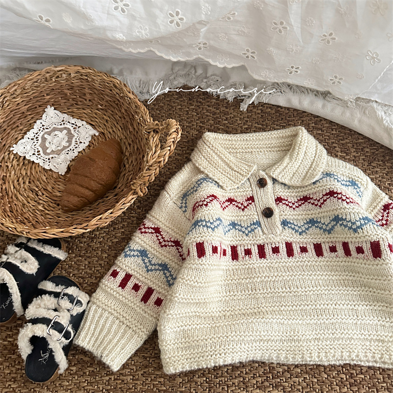 Gyerekeknek készült koreai stílusú jacquard mintázatú galléros pulóver, vast téli kötés, 1–3 éveseknek