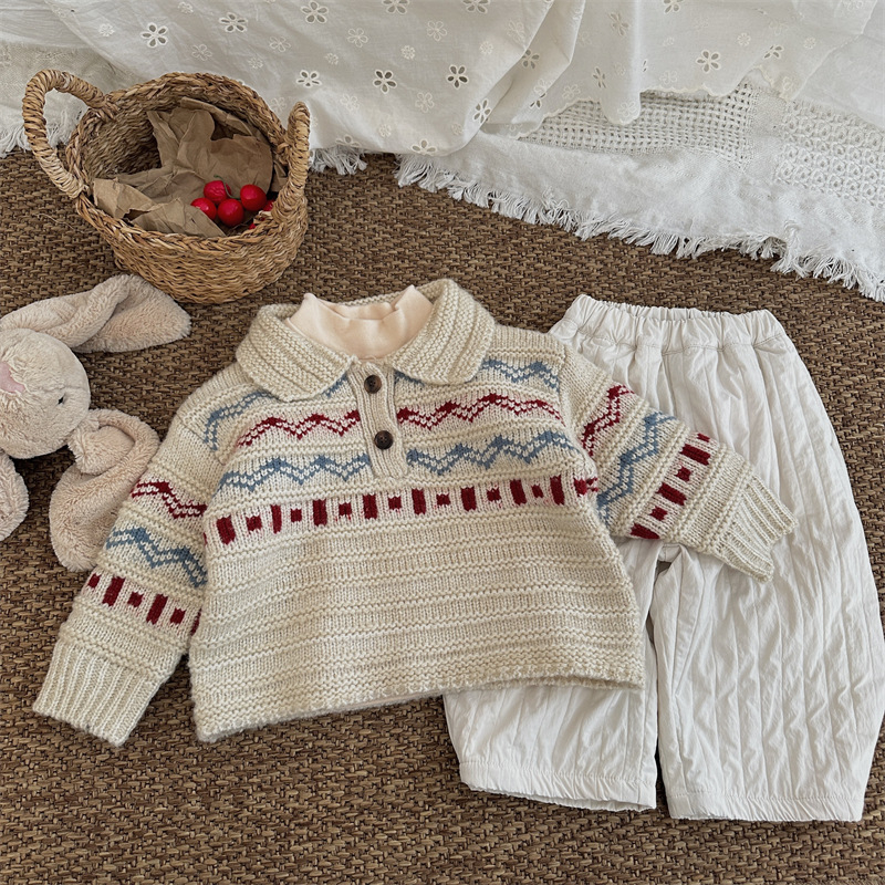 Gyerekeknek készült koreai stílusú jacquard mintázatú galléros pulóver, vast téli kötés, 1–3 éveseknek