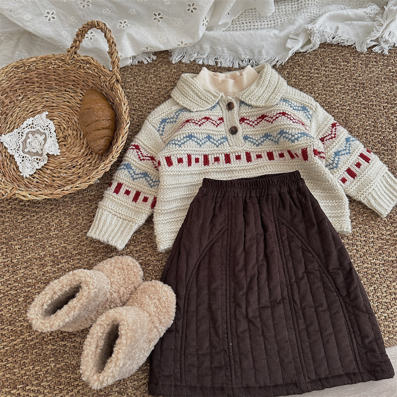Gyerekeknek készült koreai stílusú jacquard mintázatú galléros pulóver, vast téli kötés, 1–3 éveseknek