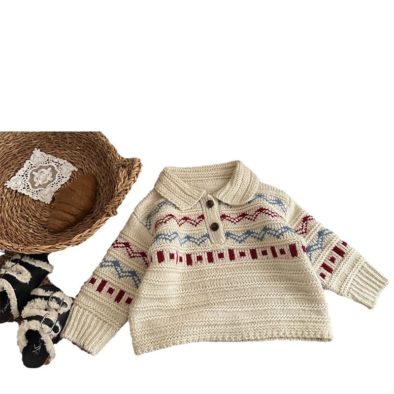 Gyerekeknek készült koreai stílusú jacquard mintázatú galléros pulóver, vast téli kötés, 1–3 éveseknek