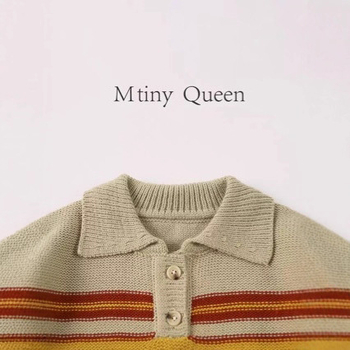 Pulover tricotat pentru copii, cu dungi, stil coreean, mâneca lungă, guler rever, 70% acrilic, pentru copii 3–8 ani, primăvară-toamnă