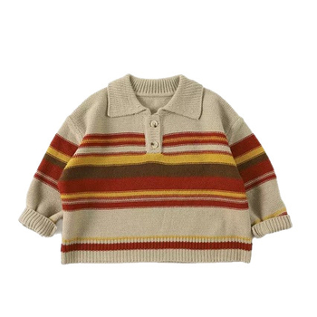 Pulover tricotat pentru copii, cu dungi, stil coreean, mâneca lungă, guler rever, 70% acrilic, pentru copii 3–8 ani, primăvară-toamnă