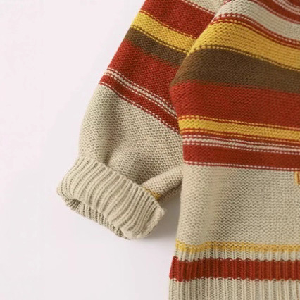 Pulover tricotat pentru copii, cu dungi, stil coreean, mâneca lungă, guler rever, 70% acrilic, pentru copii 3–8 ani, primăvară-toamnă