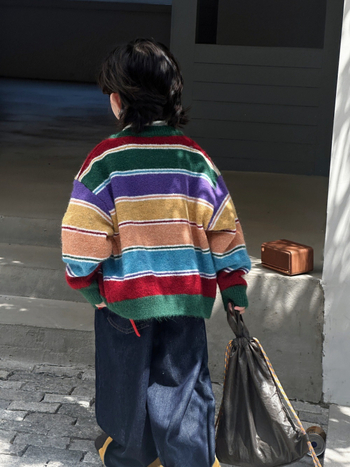 Cardigan tricotat pentru copii, stil coreean, cu dungi colorate, închidere dublă, guler rotund, mâneci lungi, unisex, pentru copii 3–8 ani