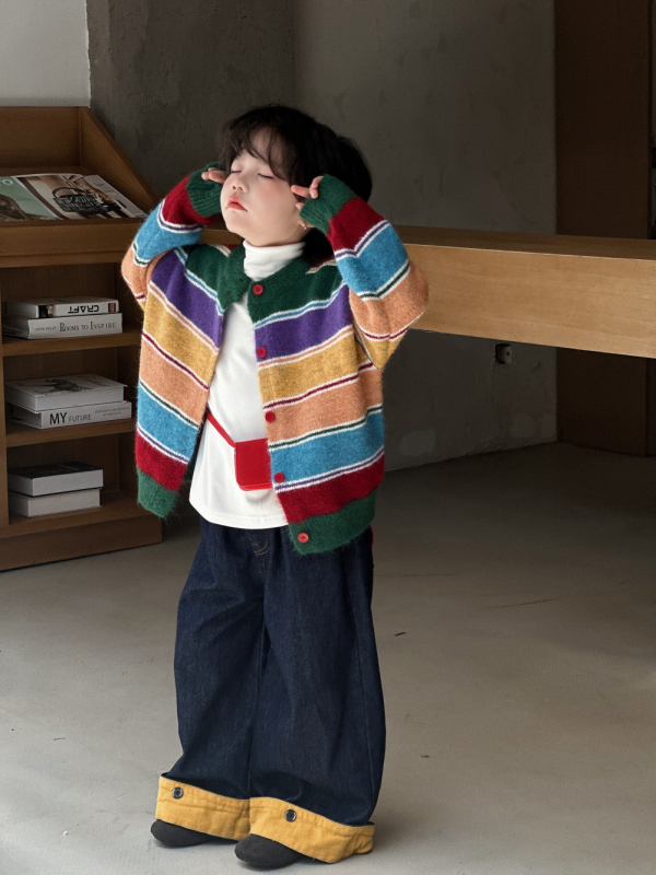Cardigan tricotat pentru copii, stil coreean, cu dungi colorate, închidere dublă, guler rotund, mâneci lungi, unisex, pentru copii 3–8 ani